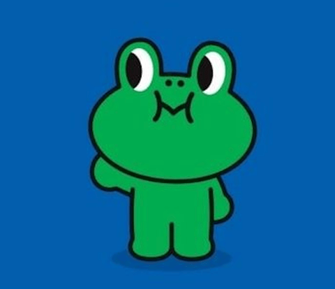 The image features a stylized, cartoon frog character rendered in a flat, illustrative aesthetic with bold, clean outlines. The color language is dominated by a vibrant, saturated green for the character's body, contrasted against a solid, deep blue background, creating a high-contrast, two-tone palette with no gradients or shading. The lighting approach is completely flat and uniform, with no directional light sources, shadows, or highlights, emphasizing the graphic, 2D nature of the artwork. The texture and material feel are smooth and non-tactile, resembling a digital vector illustration with no surface detail or material rendering. Compositionally, the character is centrally framed in a medium shot, standing upright with a simple, symmetrical pose that fills the middle ground against the plain background, creating a direct and uncomplicated spatial arrangement. The shape language is organic yet simplified, with rounded, bulbous forms for the head and body, defined by consistent, medium-weight black lines and smooth, clean edges. The overall mood and atmosphere is playful, cheerful, and approachable, with a low-energy, static visual weight that feels friendly and iconic, characteristic of a simple mascot or sticker design.