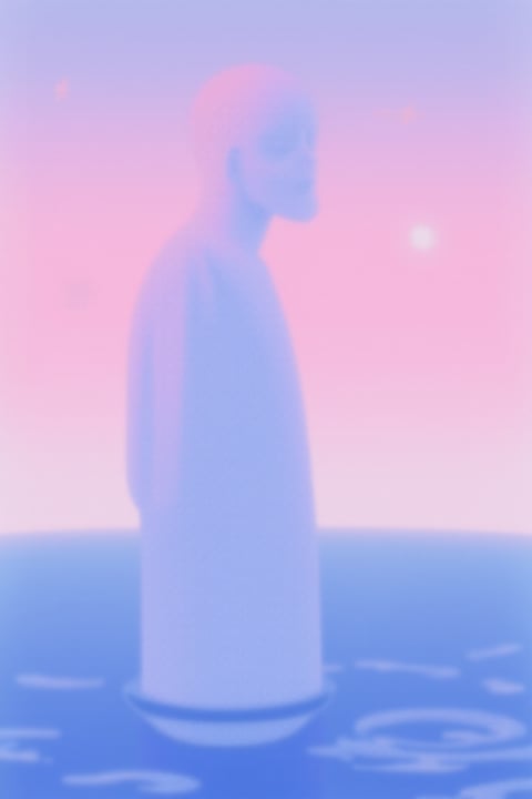 This image presents a minimalist, illustrative 3D rendering style with a soft, ethereal aesthetic. The dominant color language features a cool-toned, low-contrast palette of pale lavender, soft pink, and muted blue, with a gentle gradient sky transitioning from pink to light purple. Lighting is diffused and ambient, lacking harsh shadows, creating a serene, dreamlike mood with a soft glow around the figure. The texture is smooth and matte, with a subtle grain or noise effect that gives it a tactile, slightly hazy quality, while the water surface shows simple, stylized ripple patterns. Compositionally, the figure is centered in a medium shot, standing in shallow water that occupies the lower third of the frame, with a vast, empty sky creating a sense of isolation and calm. Shape language is soft and rounded, with the figure's form simplified into smooth, organic curves and minimal facial detail, avoiding sharp edges. The overall atmosphere is tranquil, introspective, and slightly melancholic, evoking a quiet, floating sensation.