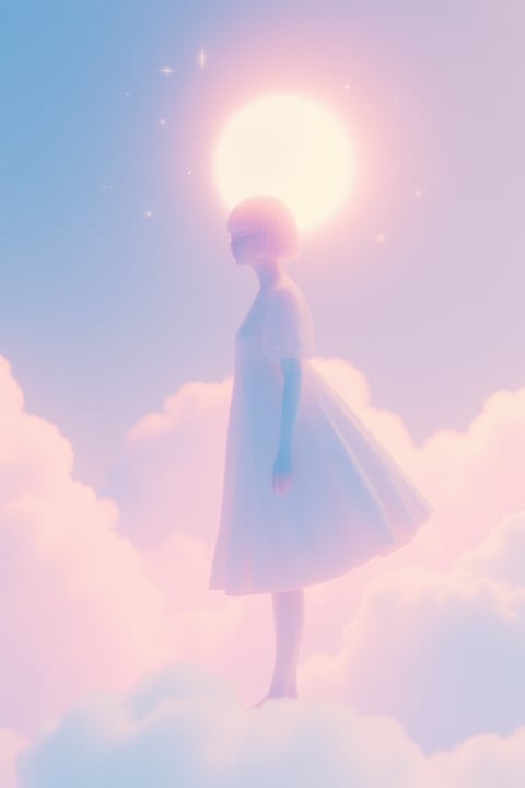 This image presents a highly stylized, ethereal 3D rendering with a soft, dreamlike aesthetic that blends photorealistic form with painterly, atmospheric qualities. The color language is dominated by a pastel gradient palette, transitioning from cool, desaturated lavender-blues in the upper left to warm, glowing peach-pinks in the lower right, with a large, luminous, pale yellow orb (sun or moon) acting as the central light source. The lighting is intensely soft and diffused, emanating from the orb directly behind the figure's head, creating a radiant backlight that wraps around the subject's silhouette and casts gentle, hazy shadows, conveying a serene and celestial mood. Texture and material feel are smooth and velvety, with the figure's dress and the surrounding clouds rendered with a soft-focus, almost translucent quality that lacks sharp detail, emphasizing a tactile impression of weightlessness and airiness. Compositionally, the image uses a vertical, centered framing with the figure positioned slightly off-center, standing atop a bed of fluffy clouds that fill the lower third, creating a shallow depth of field where the background and foreground clouds blend into a soft, atmospheric haze. Shape language is predominantly organic and soft, characterized by the rounded forms of the clouds, the gentle curves of the figure's bob haircut and dress, and the circular orb, with minimal hard edges or geometric lines. The overall mood and atmosphere are profoundly tranquil, ethereal, and otherworldly, evoking a sense of peaceful solitude and celestial calm through its low-contrast, high-key lighting and soft, pastel color scheme.