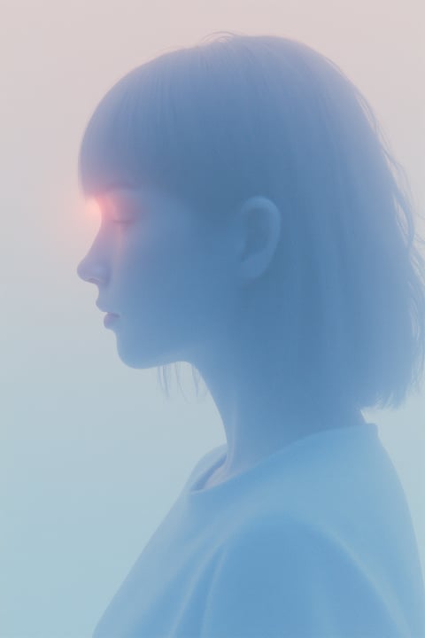 This image presents a highly stylized, ethereal aesthetic that blends photorealistic portraiture with a soft, dreamlike, painterly quality. The visual style is characterized by a pervasive, low-contrast haze that softens all edges and details, creating a sense of depth and atmosphere rather than sharp definition. The color language is dominated by a cool, desaturated palette of pale blues and soft lavenders, with a subtle, warm pinkish-orange glow concentrated around the subject's eye area, providing the only point of higher saturation and warmth. The lighting is extremely soft and diffused, appearing to emanate from within or behind the subject, particularly from the glowing eye, which casts no harsh shadows and contributes to the image's serene, otherworldly mood. Texture is minimal and smooth, with the subject's hair and clothing rendered as soft, blended forms rather than detailed surfaces, enhancing the painterly feel. The composition is a simple, centered profile portrait against a gradient background that transitions from a lighter, warmer tone at the top to a cooler blue at the bottom, focusing all attention on the subject's silhouette and the internal glow. Shape language is organic and fluid, defined by soft curves and blended edges rather than hard lines. The overall mood is introspective, calm, and subtly mystical, with a low visual weight that feels light and airy.