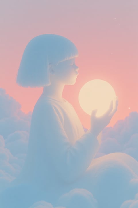 This image presents a soft, illustrative 3D rendering with a dreamlike, ethereal aesthetic, characterized by smooth, rounded forms and a painterly, airbrushed finish that avoids sharp edges or photorealistic detail. The color language is dominated by a gentle, low-saturation pastel gradient, transitioning from a warm peach-pink sky to cool, muted blue shadows on the figure and clouds, creating a low-contrast, harmonious palette with a soft, diffused color temperature. Lighting is directional yet exceptionally soft and ambient, emanating from the glowing orb held by the figure, casting gentle, warm highlights on the face and hands while the rest of the form recedes into cool, blue-toned shadows, evoking a serene and intimate mood. The texture and material feel are smooth and velvety, with a matte, almost powdery surface quality on both the figure's clothing and hair, and the surrounding clouds, lacking any harsh or reflective textures. Compositionally, the image uses a medium shot framing with the figure positioned slightly off-center, creating a sense of intimate focus, while the layered clouds provide depth through atmospheric perspective, with softer, lighter forms in the background. Shape language is predominantly organic and rounded, featuring soft, flowing curves in the figure's bob haircut, facial profile, and the billowing clouds, with no hard geometric lines or sharp angles. The overall mood is one of tranquil wonder and gentle introspection, with a low-energy, weightless atmosphere conveyed through the soft forms, pastel colors, and the figure's calm, contemplative pose.