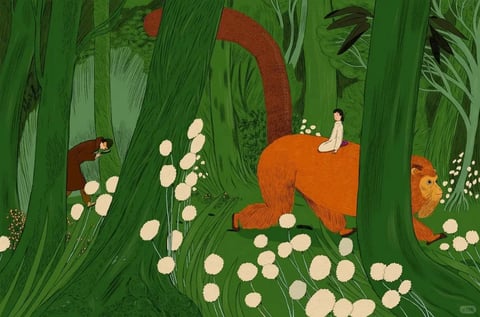 This image presents a highly stylized, illustrative art style with a flat, graphic quality reminiscent of mid-century modern or folk art illustration, characterized by bold, simplified forms and a lack of photorealistic rendering. The color language is dominated by a rich, saturated forest green that fills the background and foliage, contrasted sharply by the warm, earthy orange-brown of the large, stylized lion and the deep brown of the figure's coat, creating a vibrant yet earthy palette with high saturation and strong, complementary color contrasts. Lighting is rendered as flat, even illumination without directional shadows, contributing to the graphic, non-naturalistic feel. Texture is conveyed through illustrative techniques: the lion's fur is depicted with fine, directional lines suggesting texture without realistic depth, the foliage uses broad, painterly strokes, and the white spherical flowers have a soft, dotted appearance. Compositionally, the scene is framed by large, vertical tree trunks in the foreground that create a layered, stage-like depth, with figures and the lion arranged across the middle ground amidst dense foliage. Shape language is predominantly organic, with curvilinear forms for trees, foliage, and the lion, defined by clear, consistent line weights and clean edges. The overall mood is serene, whimsical, and narrative, evoking a gentle, storybook atmosphere with a sense of quiet exploration in a lush, enchanted forest.