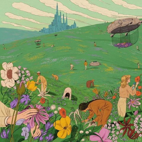 This image is rendered in a detailed, illustrative style reminiscent of mid-20th-century science fiction book covers or vintage travel posters, characterized by a flat, graphic quality with visible, deliberate linework and a lack of photorealistic rendering. The color language is vibrant and slightly desaturated, dominated by a lush, grassy green field under a pale teal sky, with accents of warm ochre, soft pink, and muted purple in the flowers and clothing, creating a harmonious, slightly nostalgic palette. Lighting is soft and diffused, suggesting an overcast day or gentle morning light, with minimal harsh shadows, which contributes to a calm, serene mood. Textures are suggested through illustrative techniques rather than realistic material rendering; the grass is depicted with fine, parallel lines, flowers have smooth, flat color fills with delicate linework for petals, and fabrics appear matte and simple. The composition uses a layered, deep perspective, with large, detailed flowers in the immediate foreground framing the scene, mid-ground figures engaged in harvesting, and a distant, futuristic cityscape on the horizon, creating a sense of expansive space. Shape language combines organic, curvilinear forms for the flowers and figures with geometric, angular shapes for the distant city and hovering vehicles, with consistent, medium-weight outlines defining all elements. The overall mood is one of peaceful, productive harmony between nature and technology, with a whimsical, optimistic atmosphere conveyed through the gentle activity and fantastical elements.