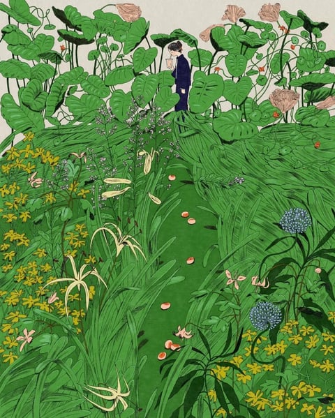 This illustration features a distinct, stylized aesthetic characterized by bold, black outlines and flat, opaque color fills, evoking a contemporary graphic novel or gouache painting style. The color language is dominated by a lush, saturated spectrum of greens, ranging from deep forest hues to vibrant lime, accented by pops of mustard yellow, dusty pink, and muted blue. The lighting is soft and diffuse, creating a flat, even illumination with minimal shadows, which enhances the illustrative, two-dimensional feel. Textures are rendered with deliberate, visible brushstrokes and patterned details on leaves and petals, giving a tactile, hand-painted quality. Compositionally, the image uses a dense, layered arrangement of oversized flora to frame a central, narrow path that recedes into the background, creating depth through overlapping shapes rather than linear perspective. The shape language is predominantly organic, with curvilinear forms of leaves and flowers defined by consistent, medium-weight lines and clean edges. The overall mood is serene and immersive, conveying a sense of quiet solitude within a vibrant, overgrown natural setting.
