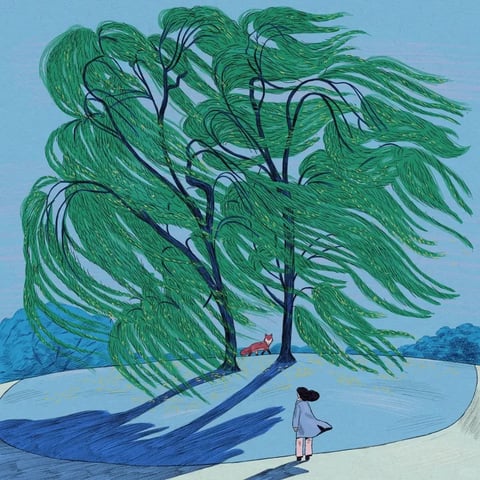 This image is a stylized, illustrative artwork with a painterly, textured quality, rendered in a flat yet expressive style reminiscent of modern digital illustration with traditional media influences. The color language is dominated by a cool, muted palette of soft blues, teals, and greens, with a desaturated, slightly dusty quality; contrast is achieved through deep, dark blue-black shadows and subtle warm accents like the fox's rust-orange fur and the figure's pale pink trousers. Lighting is directional and dramatic, coming from a low angle to cast long, sharp, dark blue shadows across the ground, suggesting late afternoon or early morning sun, which creates a mood of quiet contemplation and slight melancholy. Texture is highly visible, with fine, directional brushstrokes defining the swirling, wind-swept foliage of the trees and the rough, hatched shading on the ground and distant hills, giving a tactile, hand-drawn feel. Compositionally, the image uses a wide, slightly low-angle perspective with the large, dynamic trees dominating the upper two-thirds of the frame, their branches sweeping dramatically to the right, while the small figure and fox are placed in the lower third, creating a sense of scale and solitude; depth is suggested through layered hills in the background and the elongated shadows in the foreground. Shape language is primarily organic, with the trees composed of flowing, curved lines and the figure and fox rendered with simple, rounded forms, while edges are soft and blended rather than sharply defined. The overall mood is serene yet dynamic, evoking a sense of peaceful isolation and the quiet power of nature.