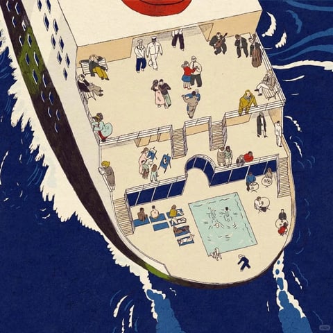 This image presents a stylized, illustrative depiction of a cruise ship deck, rendered with a flat, graphic aesthetic reminiscent of mid-century modern illustration or a simplified gouache painting. The color language is dominated by a high-contrast palette: deep, saturated navy blues for the churning sea, stark creamy whites for the ship's structure and foam, and punctuated by small, flat blocks of accent colors like mustard yellow, brick red, and muted teal for the figures and details. The lighting is even and shadowless, suggesting a bright, overcast day, with no directional light source, which enhances the flat, two-dimensional feel. Textures are minimal and implied through flat color fills and simple line work rather than rendered surface detail; the sea is depicted with stylized, curving white lines for waves, while the ship's surfaces are smooth and unadorned. The composition uses an isometric-like, high-angle perspective to display multiple deck levels simultaneously, creating a sense of spatial depth through overlapping forms and the receding size of figures, rather than through atmospheric perspective. The shape language is a mix of strong geometric forms for the ship's architecture (rectangles, sharp angles) and simplified, organic shapes for the people and waves, all defined by clean, consistent line weights and crisp edges. The overall mood is lively yet orderly, capturing a sense of bustling leisure activity with a nostalgic, graphic charm.