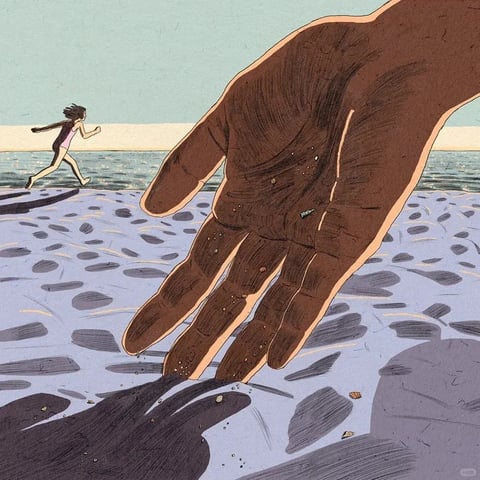 This image exhibits a stylized illustrative aesthetic with a painterly, textured finish, reminiscent of a graphic novel or concept art. The color language is dominated by a muted, desaturated palette featuring cool lavender and slate blue tones in the foreground, contrasting with the warm, earthy brown of the large hand and the pale, hazy yellow of the distant horizon. Saturation is generally low, with contrast created through value differences rather than vibrant hues. Lighting appears soft and diffused, casting long, soft-edged shadows that stretch across the textured ground, suggesting a low sun angle like late afternoon or early morning. The texture is highly tactile, with visible brushstrokes and a grainy, paper-like surface quality, especially prominent on the hand and the rocky terrain. Compositionally, the image uses extreme perspective and scale juxtaposition, placing a massive, detailed hand in the immediate foreground reaching toward the viewer, while a small, silhouetted figure runs in the mid-ground, creating a strong sense of depth and narrative tension. Shape language is primarily organic, with fluid lines defining the hand and figure, though the ground is rendered with more geometric, fragmented rock shapes. The overall mood is mysterious and slightly surreal, with a contemplative, atmospheric energy conveyed through the vast, empty space and the enigmatic interaction between the giant hand and the distant runner.