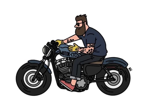 The image presents a flat, illustrative style reminiscent of modern vector art or a stylized cartoon. The rendering technique is entirely 2D with no photorealistic depth, utilizing solid color fills and bold, consistent black outlines to define all forms. The color language is grounded in a muted, slightly desaturated palette, featuring dominant tones of dark navy blue, charcoal gray, and black for the motorcycle and rider's clothing, punctuated by accents of mustard yellow on the gloves and a muted red on the sneakers. The color temperature leans cool due to the prevalence of blues and grays, with high contrast created by the stark black lines against the flat color fields. Lighting is implied rather than rendered; there are no gradients or shadows to indicate a light source, resulting in a completely flat, graphic appearance. Texture and material feel are minimal, conveyed solely through line work and flat color blocks—the metal of the engine is suggested by parallel lines, the leather of the seat by a solid dark shape, and the fabric of the clothing by the same flat treatment as the skin. Compositionally, the subject is centered in a side-profile view against a plain white background, creating a clear, icon-like spatial arrangement with no depth of field. Shape language is a blend of organic curves for the rider's beard, hair, and body, and geometric precision for the motorcycle's mechanical parts, all unified by uniform, clean line weights and crisp edge treatment. The overall mood is casual, cool, and slightly rugged, conveying a laid-back energy through the character's relaxed posture and the stylized, approachable aesthetic.