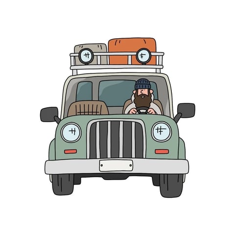 This image features a flat, illustrative art style with clean, bold outlines and a hand-drawn quality. The color palette is muted and desaturated, dominated by a sage green for the vehicle body, complemented by warm orange and neutral beige tones in the luggage and interior, with a cool gray background. The lighting is flat and even, with no strong directional shadows, creating a simple, graphic feel. Textures are minimal and stylized, with subtle line work indicating details like the vehicle's grille and the driver's beard, giving a tactile impression of a cartoon or comic illustration. The composition is centered and symmetrical, with the vehicle facing directly forward, creating a balanced, iconic framing. The shape language is a mix of soft, rounded forms for the vehicle body and luggage, and geometric lines for the grille and roof rack, all defined by consistent, medium-weight black outlines. The overall mood is lighthearted, adventurous, and whimsical, evoking a sense of playful travel or road trip nostalgia.