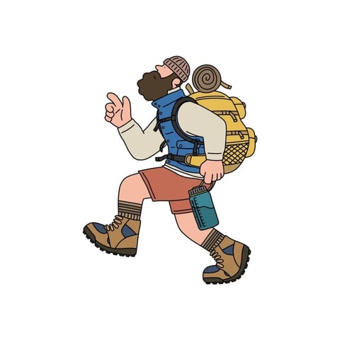 This image is a clean, illustrative vector-style artwork with a flat, 2D aesthetic, characterized by bold, uniform black outlines and solid color fills without gradients or complex shading. The color language is vibrant and saturated, featuring a primary palette of warm terracotta shorts, a deep blue vest, and a bright yellow backpack, contrasted against a neutral off-white long-sleeve shirt and earthy brown boots. The lighting is flat and even, with no directional shadows or highlights, creating a graphic, sticker-like quality. Textures are implied through simple patterns like the cross-hatching on the backpack's side pocket and the striped socks, but overall surfaces are smooth and digitally rendered. The composition is a dynamic, full-body character study against a plain white background, with the figure captured mid-stride in a profile view, creating a sense of forward motion. The shape language combines organic forms for the character's body and beard with more geometric, structured shapes for the gear and clothing. The mood is energetic, adventurous, and approachable, conveyed through the character's enthusiastic thumbs-up gesture and determined stride.