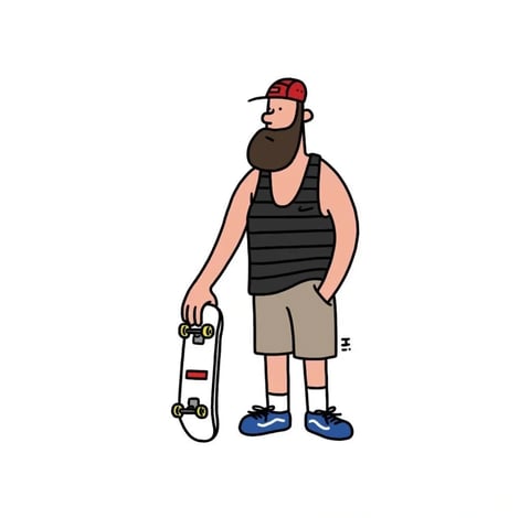 This is a flat, illustrative character design rendered in a clean, vector-like style with bold, uniform black outlines defining all shapes. The color language is limited and muted, featuring a dominant palette of earthy tones like the character's brown beard, khaki shorts, and black-and-grey striped tank top, accented by pops of saturated color in the red cap and blue shoes. Lighting is minimal and flat, with no cast shadows or directional light sources, contributing to a graphic, 2D feel. Textures are absent; surfaces are rendered as solid, flat color fills, giving a smooth, digital, and non-tactile impression. The composition is centered and straightforward, presenting the full-body character against a plain white background with no environmental depth. Shape language is a mix of simple geometric forms (the cylindrical limbs, oval head, and rectangular skateboard) and soft, organic curves for the beard and body contours, all defined by consistent, medium-weight lines. The overall mood is casual, approachable, and slightly playful, with a low-energy, static visual weight.