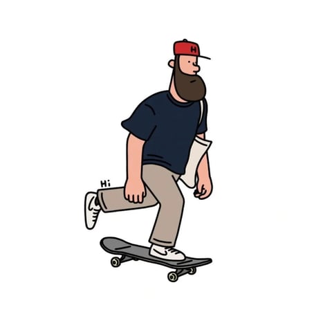 This image is a flat, illustrative character design rendered in a clean, modern vector art style with bold, uniform black outlines defining all shapes. The color palette is limited and muted, featuring a dark navy blue t-shirt, khaki trousers, a red baseball cap with a white 'H' emblem, and white sneakers, all set against a stark white background that emphasizes the character. The lighting is flat and non-directional, with no visible shadows or highlights, creating a simple, graphic look. Textures are minimal and implied rather than rendered, with smooth, solid color fills and no surface detail, giving the image a digital, sticker-like quality. The composition centers the character in a dynamic, mid-motion pose on a skateboard, with one leg extended back, creating a sense of forward momentum within a shallow, undefined space. The shape language is a mix of organic, rounded forms for the character's beard and body and geometric, angular lines for the skateboard and clothing folds, all rendered with consistent, medium-weight lines. The overall mood is casual, friendly, and energetic, conveyed through the character's relaxed posture and the playful 'Hi' text near his foot.