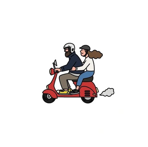 The image features a flat, illustrative art style with bold, clean black outlines defining all forms, creating a graphic and stylized appearance. The color palette is vibrant yet controlled, dominated by the saturated red of the scooter, complemented by the navy blue, white, and brown of the riders' clothing, all set against a stark white background for high contrast. Lighting is rendered as flat, even fills without gradients or shadows, emphasizing the 2D, cartoon-like quality. Textures are minimal and implied through solid color blocks, with no surface detail or material rendering, giving a smooth, digital vector feel. The composition is centrally framed with a side-profile view, focusing entirely on the subjects in motion, indicated by a simple grey exhaust puff, with no background depth. Shape language is a mix of organic curves for the figures and hair, and geometric forms for the scooter, all unified by consistent, medium-weight line work. The overall mood is cheerful, casual, and energetic, evoking a sense of lighthearted, everyday adventure.