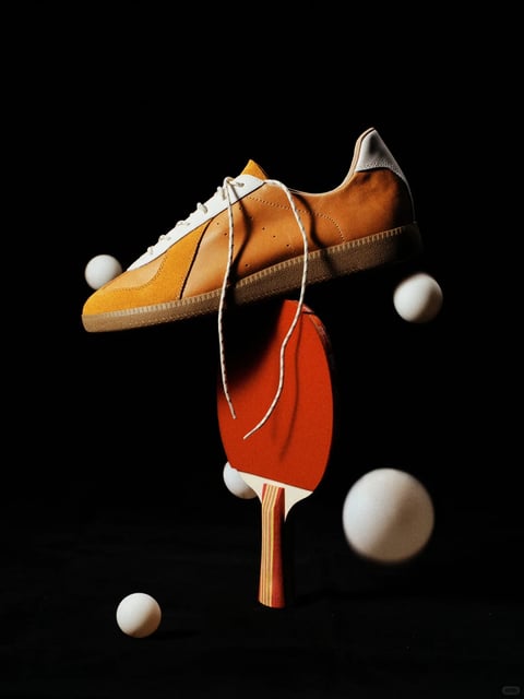 The image presents a highly stylized, photorealistic product photograph with a dramatic, high-contrast aesthetic. The dominant color palette is warm and earthy, featuring a rich amber-tan sneaker with white and cream accents, set against a deep, pure black background that creates stark contrast. The lighting is directional and hard, likely from a single key source positioned to the upper left, casting sharp, defined shadows and creating bright, specular highlights on the sneaker's suede and leather surfaces, as well as on the ping pong balls, which appear to float in mid-air. The texture rendering is exceptionally detailed, emphasizing the tactile qualities of the materials: the fine nap of the suede, the smooth grain of the leather, the porous rubber of the sole, and the matte, slightly textured surface of the ping pong paddle and balls. Compositionally, the arrangement is dynamic and surreal, with the sneaker balanced precariously on the edge of a red ping pong paddle, surrounded by five floating white balls, creating a sense of suspended motion and playful tension. The shapes are a mix of organic curves (the shoe silhouette, paddle) and perfect geometric spheres (the balls), with clean, crisp edges. The overall mood is one of focused, energetic stillness, combining a sporty, active theme with a luxurious, almost reverent presentation of the objects, evoking a sense of precision, balance, and elevated style.
