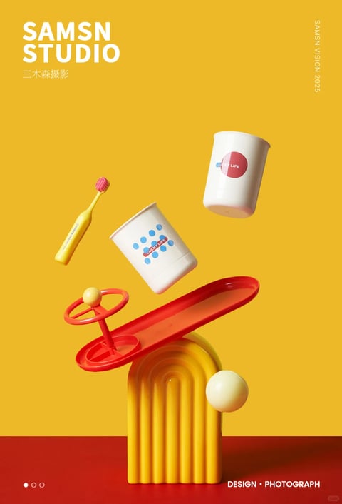 The image presents a highly stylized, contemporary still-life composition rendered in a clean, photorealistic 3D style with a distinct, playful aesthetic. The visual language is defined by a vibrant, high-saturation color palette dominated by a warm, sunny yellow background, punctuated by bold accents of primary red and crisp white, with subtle touches of blue and pink. The lighting is bright and directional, casting soft but defined shadows that create a sense of depth and volume, suggesting a studio setup with a key light from the upper left. Surfaces exhibit a smooth, matte to semi-gloss finish, with materials appearing as polished plastic, ceramic, and painted wood, giving a tactile, manufactured yet approachable feel. The composition is dynamic and asymmetrical, featuring objects arranged in a seemingly gravity-defying, floating manner against the flat yellow backdrop, with a red platform and a yellow ribbed arch structure grounding the lower portion. Shape language is a mix of clean geometric forms (cylinders, spheres, arches) and softer, rounded organic elements (the toothbrush handle), with sharp, crisp edges. The overall mood is cheerful, energetic, and meticulously arranged, evoking a sense of modern, minimalist design with a playful, optimistic atmosphere.