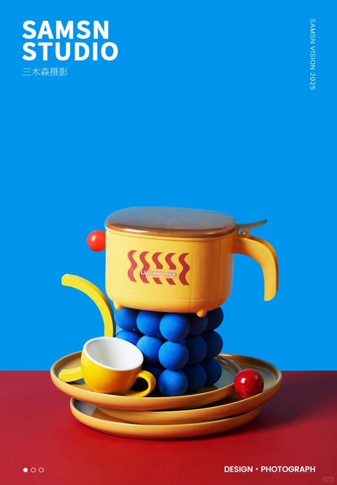 This image exemplifies a bold, contemporary 3D still life style, characterized by its hyper-clean, digitally rendered aesthetic that mimics high-end product photography with a playful, graphic twist. The visual language is dominated by a vibrant, high-saturation primary color palette of electric blue, sunny yellow, and deep crimson, creating a striking, high-contrast composition with a cool-toned background and warm foreground elements. Lighting is directional and crisp, casting sharp, defined shadows that emphasize the geometric forms and create a sense of tangible depth, while the overall color temperature leans slightly cool due to the dominant blue backdrop. The texture and material rendering are exceptionally smooth and polished, with a plastic-like sheen on the yellow cookware and a soft, matte, almost velvety finish on the blue spherical forms, creating a tactile contrast. Compositionally, the image is tightly framed and centrally balanced, stacking objects vertically to create a sculptural, totem-like arrangement on a red surface against a flat blue background, utilizing a shallow depth of field to keep the focus sharply on the central objects. The shape language is a deliberate mix of soft, organic curves (the spheres, the cup handle) and clean, geometric lines (the pot, the plates), with crisp edges and smooth contours that reinforce the graphic, stylized feel. The overall mood is energetic, optimistic, and meticulously curated, conveying a sense of modern, design-forward playfulness and visual precision.