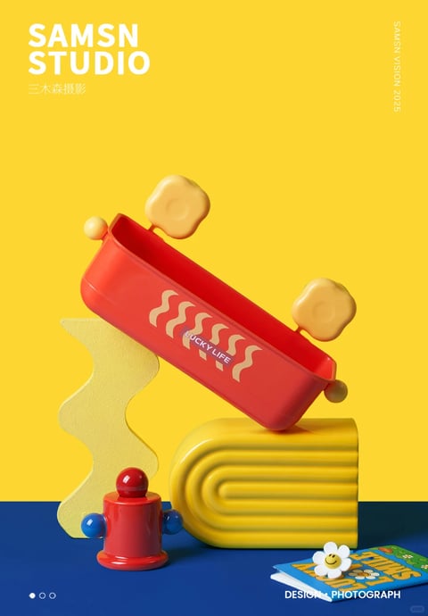 This image presents a vibrant, photorealistic 3D-rendered still life composition with a distinct pop-art and playful aesthetic. The dominant color language features a high-saturation, warm palette centered on a bright, sunny yellow background and foreground elements, contrasted by a deep, cool blue surface and a bold, primary red central object. The lighting approach is clean and studio-like, with soft, directional light from the upper left creating gentle, defined shadows that enhance the three-dimensionality without harshness. Texture and material feel are rendered with a smooth, matte plastic-like finish on the geometric objects, giving them a tactile, toy-like quality, while the wavy yellow board and the small book show subtle paper textures. Compositionally, the arrangement is dynamic and layered, with objects stacked and angled to create depth and visual interest, framed in a vertical format. Shape language is a mix of bold, soft-edged geometric forms (rounded rectangles, cylinders, spheres) and playful, organic curves (wavy lines, flower shapes), all with clean, crisp edges. The overall mood and atmosphere are cheerful, energetic, and whimsical, evoking a sense of fun and modern design.