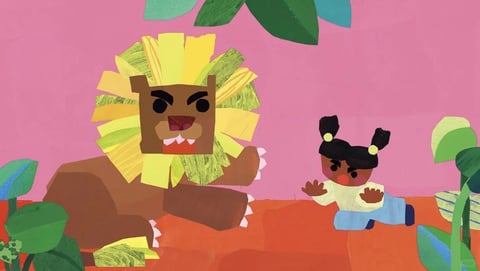 This image features a distinct paper-cut collage aesthetic, rendered in a flat, illustrative style with no photorealistic depth. The color language is vibrant and saturated, dominated by a warm, coral-pink background and earthy orange ground plane, contrasted with the lion's bright yellow and green mane and the character's cool blue pants. Lighting is flat and uniform, with no directional shadows, creating a bright, even, and playful mood. The texture and material feel are tactile and handmade, with visible paper grain, rough edges, and layered cut-outs that suggest a physical collage construction. Compositionally, the scene is framed with a shallow depth of field, placing the large, geometric lion on the left and the smaller, organic-shaped character on the right, both set against a flat background with stylized, layered foliage in the foreground and background. Shape language combines simple, bold geometric forms (the lion's blocky head) with softer, rounded organic shapes (the character, leaves), all defined by clean, cut edges rather than drawn lines. The overall mood is whimsical, playful, and childlike, with a high-energy, storybook atmosphere conveyed through the bright palette and expressive, simplified character designs.