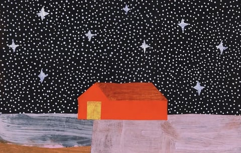 This artwork is a flat, illustrative painting with a naive, folk-art aesthetic, characterized by a simplified, non-photorealistic rendering technique. The color language is dominated by a stark, high-contrast palette: a deep, solid black background is densely populated with small white dots and larger, hand-drawn white star shapes, creating a vibrant, graphic night sky. The central subject is a simple, geometric red house with a flat, textured brown roof and a bright yellow door, rendered with visible, expressive brushstrokes. The foreground is divided into two distinct, painterly sections: a dark, grey-blue area with horizontal, sweeping brush marks suggesting water or shadow, and a large, pale pinkish-grey area with vertical, textured strokes, creating a tactile, almost collaged feel. The lighting is flat and symbolic, with no directional source or realistic shadows, contributing to the artwork's whimsical, storybook mood. The composition is centered and balanced, with the house placed firmly on the horizon line, separating the busy, patterned sky from the textured, abstract ground. The overall atmosphere is quiet, charming, and slightly melancholic, evoking a sense of solitary peace under a vast, stylized cosmos.