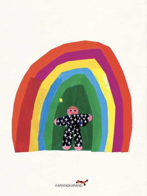 This image is a children's artwork rendered in a flat, illustrative style with a painterly, handcrafted feel. The dominant color language features highly saturated, vibrant hues arranged in distinct, concentric arches—outer bands of orange-red, purple, and yellow, followed by blue and green—creating a bold, high-contrast palette with warm and cool tones balanced against a neutral off-white background. The lighting is flat and ambient, with no directional shadows, emphasizing the two-dimensional, cut-paper collage aesthetic. Texture and material feel are tactile and organic, with visible brushstrokes, uneven edges, and layered paper cutouts that suggest a collage technique using painted paper. Compositionally, the image is centrally framed with a symmetrical, tunnel-like arrangement of nested arches that create a simple, graphic depth, drawing the eye inward to the central figure. Shape language is predominantly geometric yet imperfect, with hand-cut, slightly irregular curves and lines, and a simple, stylized human figure composed of basic shapes. The mood is cheerful, innocent, and playful, conveying a sense of childlike creativity and warmth through its bright colors and naive, expressive forms.
