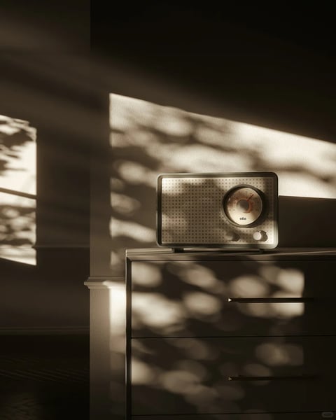 The image exhibits a photorealistic, 3D-rendered aesthetic with a soft, painterly quality in its lighting and texture rendering. The color language is dominated by a warm, monochromatic palette of sepia, amber, and deep brown tones, with low saturation and high contrast between bright highlights and deep shadows. The lighting approach features strong, directional sunlight from the left, creating hard-edged, geometric window shadows that contrast with soft, dappled bokeh-like light patterns across surfaces, conveying a serene, nostalgic, and contemplative mood. Texture and material feel are rendered with subtle realism: the radio's perforated metal grille has a matte, slightly textured finish, the wooden dresser shows a smooth, polished surface with soft reflections, and the wall has a fine, matte plaster texture. Compositionally, the image uses a vertical, off-center framing with the radio as the focal point, placed on the dresser in the mid-ground, creating depth through layered shadows and light. Shape language is a mix of geometric (the rectangular radio, dresser drawers, window frame) and organic (the soft, blurred light patterns), with clean edges on objects and soft, diffused edges on shadows. The overall mood is quiet, intimate, and timeless, with a low energy level and a visual weight anchored by the warm, glowing light and the solid, centered placement of the radio.