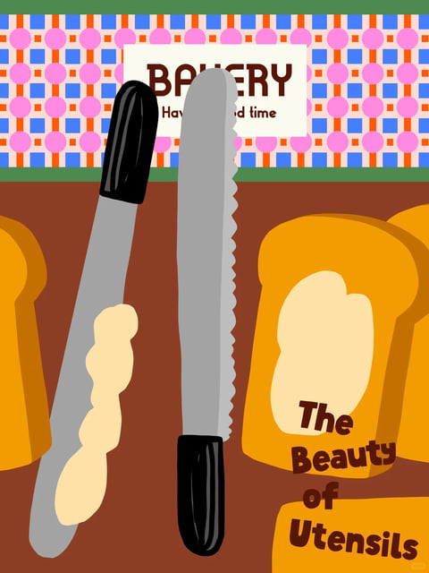 This image exhibits a flat, illustrative art style with a strong graphic quality, reminiscent of a retro poster or a children's book illustration. The color language is defined by a warm, saturated palette dominated by mustard yellows, deep browns, and terracotta tones, contrasted with accents of bright pink, blue, and orange in the patterned background. The lighting is flat and uniform, with no discernible directional source or shadows, contributing to the graphic, non-photorealistic feel. Textures are rendered as solid, unmodulated color blocks, creating a smooth, matte surface quality with no tactile detail. The composition is a tightly framed, close-up arrangement where the utensils and bread slices overlap in a shallow, layered space, creating a sense of depth through overlapping forms rather than perspective. The shape language is a mix of bold, simplified geometric forms (the rectangular bread slices, the patterned grid) and softer, organic curves (the butter smear, the serrated knife edge), all defined by clean, hard edges with consistent line weight. The overall mood is cheerful, nostalgic, and playful, with a high visual weight and energetic feel derived from the vibrant color contrasts and dynamic, overlapping arrangement of everyday objects.