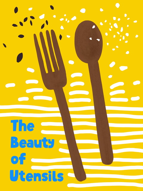 The image is a flat, illustrative artwork with a hand-drawn, textured quality, rendered in a style reminiscent of modern graphic design or children's book illustration. The dominant color palette is warm and vibrant, featuring a saturated mustard yellow background that creates a high-contrast, energetic base against the deep brown utensils and bright cerulean blue text. The lighting is flat and non-directional, with no cast shadows, emphasizing the graphic, two-dimensional nature of the composition. Texture is conveyed through subtle, grainy noise applied uniformly across the brown fork and spoon, giving them a matte, slightly tactile, almost wood-like or recycled paper feel, while the background elements have crisp, clean edges. The composition is asymmetrical and dynamic, with the fork and spoon angled diagonally across the frame, overlapping wavy white lines that suggest a tablecloth or placemat, and scattered abstract shapes (dark brown seeds and white crumbs) adding movement in the upper portion. Shape language is a mix of organic, hand-drawn forms (the utensils, wavy lines, irregular shapes) and geometric simplicity, with consistent, medium-weight line work defining all elements. The overall mood is cheerful, playful, and wholesome, evoking a sense of casual, inviting dining with its bold colors and friendly, uncomplicated aesthetic.