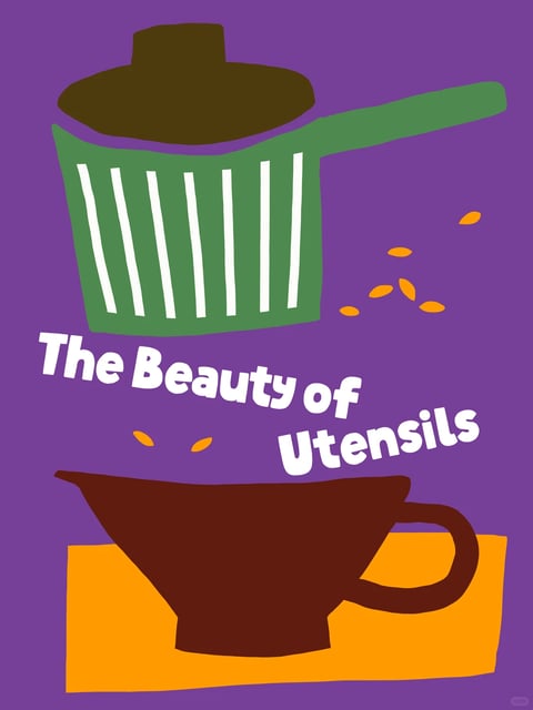 The image presents a flat, illustrative style with a distinct graphic design aesthetic, characterized by bold, simplified shapes and a lack of gradients or shading. The color language is vibrant and saturated, dominated by a deep purple background that contrasts sharply with the bright green of the strainer, the dark brown of the lid and coffee dripper, and the warm orange of the base and scattered coffee beans. The lighting is entirely flat and non-directional, creating a uniform, graphic look without shadows or highlights. Texture and material feel are abstracted; surfaces appear as solid, matte blocks of color with no tactile rendering, emphasizing a clean, vector-like quality. Compositionally, the elements are arranged in a dynamic, slightly asymmetrical layout with the strainer floating above the text and dripper, creating a sense of playful movement. Shape language is a mix of organic curves (the dripper, beans) and geometric forms (the strainer's stripes, the rectangular base), with clean, hard edges and consistent line weight. The overall mood is cheerful, modern, and whimsical, conveying a sense of artistic appreciation for everyday objects through a minimalist and colorful visual approach.