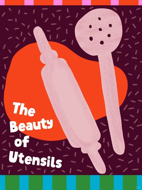 This image presents a bold, illustrative style with a flat, graphic aesthetic reminiscent of mid-century modern design or contemporary editorial illustration. The color language is defined by a high-contrast palette featuring a deep, muted plum or dark burgundy background, a vibrant, saturated orange organic shape, and a soft, dusty pink for the central utensils. The lighting is non-directional and flat, with no cast shadows or highlights, emphasizing the graphic nature of the composition. Texture is introduced through a subtle, uniform grain or stipple effect across the pink utensils and the orange shape, giving a tactile, printed-paper feel, while the background is adorned with a pattern of small, scattered, light-purple dashes. The composition is asymmetrical and dynamic, with the large orange shape and the two utensils—a rolling pin and a slotted spoon—arranged diagonally across the frame, creating visual movement. The shape language is a mix of soft, rounded organic forms (the orange blob, the spoon head) and more defined, elongated cylindrical shapes (the utensil handles), all rendered with clean, soft edges and no hard outlines. The overall mood is playful, modern, and visually engaging, with a strong graphic weight and a cheerful, approachable atmosphere.