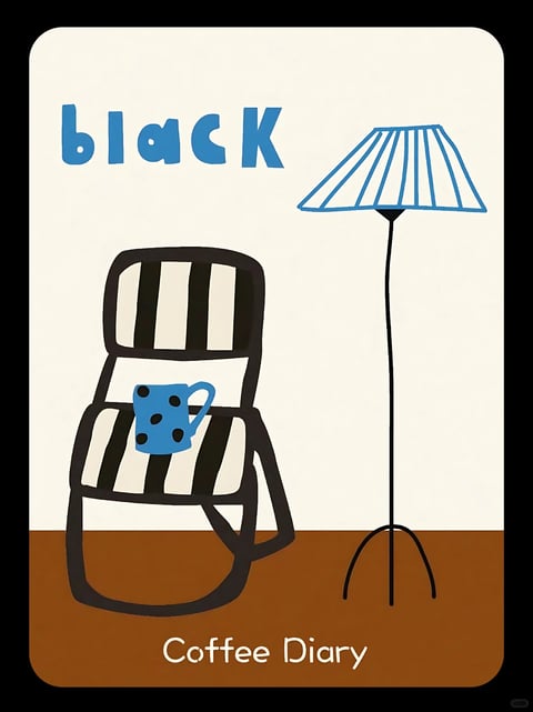The image presents a flat, illustrative style with a hand-drawn, naive aesthetic, characterized by bold, uneven black outlines and solid color fills. The color language is restrained and high-contrast, dominated by a warm off-white background, deep black forms, and a vibrant, saturated medium blue used for accents like the text, lamp shade, and polka-dotted mug, all grounded by a solid, warm brown floor. Lighting is implied rather than rendered, with no directional shadows or gradients, creating a completely flat, graphic space. Textures are minimal and non-representational; surfaces appear smooth and matte, with visual interest coming from the contrast between solid color blocks and the hand-drawn line quality. The composition is asymmetrical and balanced, with the striped chair on the left and the tall, slender floor lamp on the right, creating a simple, staged interior vignette. Shape language is a mix of soft, organic, hand-drawn curves for the chair and lamp base, and geometric, structured forms for the lamp shade and chair stripes, with consistent, medium-weight outlines that have a slightly wobbly, imperfect edge. The overall mood is calm, cozy, and whimsically retro, evoking a simple, graphic diary entry or a playful, minimalist poster design.
