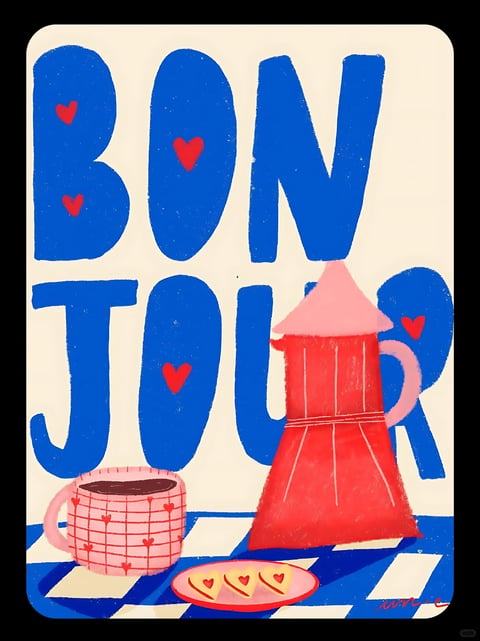 This image presents a flat, illustrative style with a textured, hand-drawn quality reminiscent of crayon or pastel on paper. The visual aesthetic is characterized by bold, simplified shapes and a limited, high-saturation color palette dominated by vibrant cobalt blue, cherry red, and soft pink, set against a warm cream background. The rendering technique is flat with minimal shading, relying on texture and color blocking for form. Lighting is implied rather than directional, creating a bright, cheerful, and even illumination across the scene. Texture is a key element, with a consistent grainy, speckled surface quality applied to all elements—the large typography, the coffee pot, mug, and checkerboard tablecloth—giving a tactile, handmade feel. Compositionally, the image is framed with large, stacked typography ('BON JOUR') occupying the upper two-thirds, while the lower third features a simple arrangement of a red coffee pot, a pink grid-patterned mug, and a small plate of heart-shaped cookies on a blue and white checkerboard surface, creating a shallow, graphic depth. Shape language is organic and rounded, with soft edges on the letters and objects, avoiding sharp geometric precision. The overall mood is cheerful, warm, and inviting, evoking a cozy, playful morning atmosphere through its bright colors, heart motifs, and charming, naive illustration style.