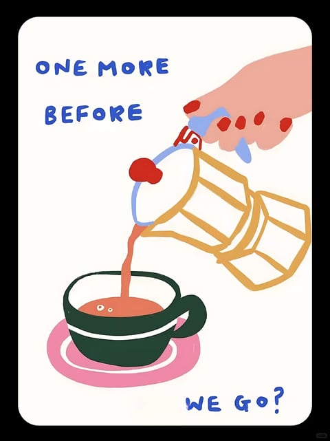 The image presents a flat, illustrative art style with a hand-drawn, painterly quality, featuring visible brushstrokes and soft, organic edges. The color language is dominated by a warm, muted palette with high saturation in specific areas: a soft peach skin tone, a deep forest green cup, a pastel pink saucer, and a vibrant coral-orange liquid being poured. The teapot is rendered with a creamy white body and golden-yellow geometric outlines, while the text uses a bold, saturated blue. Lighting is flat and ambient with minimal directional shadows, creating a gentle, approachable mood. Textures are smooth and simplified, with a tactile, gouache-like finish on the painted surfaces. The composition is centered and balanced, with the teapot and cup occupying the lower two-thirds of the frame against a plain off-white background, creating a shallow depth of field. Shape language combines organic forms (the hand, the liquid stream) with geometric, angular lines in the teapot's design, using consistent, medium-weight outlines with slightly softened edges. The overall mood is cozy, inviting, and gently playful, conveying a sense of warmth and casual intimacy.