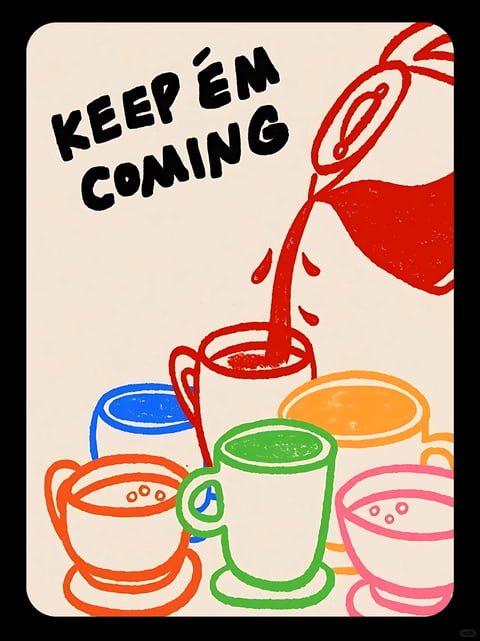 This image exhibits a vibrant, illustrative style with a flat, graphic quality reminiscent of mid-century modern print design or risograph printing. The color language is bold and saturated, featuring a high-contrast palette of primary and secondary colors—bright red, deep blue, vivid green, sunny orange, and hot pink—set against a warm, off-white cream background. The lighting is implied through flat color fills rather than rendered gradients, creating a graphic, non-photorealistic look. Textures are minimal but suggest a tactile, slightly grainy surface quality akin to ink on paper, with subtle imperfections in the color fills that mimic a hand-printed feel. The composition is dynamic and asymmetrical, with a large red coffee pot pouring liquid diagonally from the upper right into a cluster of overlapping, colorful mugs arranged in the lower half, creating a sense of movement and abundance. Shape language is defined by bold, slightly irregular outlines in varying weights, with organic, hand-drawn curves for the mugs and pot contrasting with the blocky, hand-lettered text. The overall mood is energetic, cheerful, and inviting, conveying a sense of warmth and conviviality through its playful forms and lively color scheme.