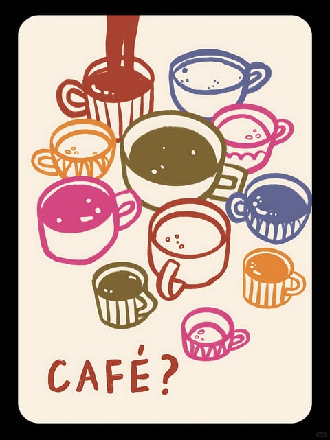 This image is a flat, illustrative artwork rendered in a hand-drawn, painterly style with visible brushstroke textures and slightly irregular, organic linework. The color palette is warm and muted, featuring dominant earthy tones like terracotta, ochre, and deep brown, accented with pops of vibrant magenta, blue, and orange, all set against a soft, off-white background. The lighting is flat and ambient, with no directional shadows, creating a cheerful, approachable mood. The composition is a dense, overlapping cluster of stylized coffee cups of varying sizes and designs, arranged in a seemingly random yet balanced pile that fills the central space, with the word 'CAFÉ?' hand-lettered in a bold, terracotta hue at the bottom. The shapes are simple and rounded, with thick, expressive outlines that vary in weight, giving the cups a playful, tactile quality. The overall atmosphere is cozy, inviting, and whimsical, evoking the casual, comforting vibe of a coffee shop.