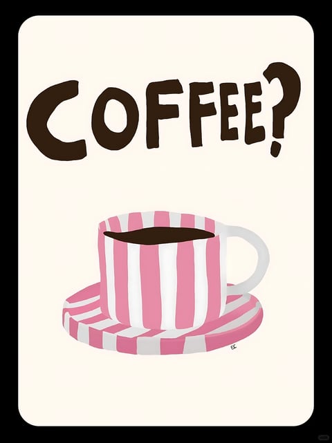 This image exemplifies a flat, illustrative style with a painterly texture, characterized by a soft, muted color palette dominated by creamy off-white, warm chocolate brown, and a soft, desaturated pink. The rendering technique is non-photorealistic, featuring visible brushstroke-like textures and a lack of complex gradients, giving it a hand-painted, digital art feel. The lighting is soft and ambient, with no harsh shadows or directional highlights, creating a gentle, even illumination that emphasizes the flat shapes. Texture is conveyed through the subtle, uneven application of color within the forms, suggesting a matte, slightly rough surface rather than a glossy or photorealistic material. Compositionally, the image is centered and balanced, with the large, bold text 'COFFEE?' positioned above the central subject of a pink-and-white striped teacup and saucer, creating a clear, graphic layout with ample negative space. The shape language is a mix of organic and geometric forms: the letters are bold, slightly irregular, and hand-drawn in appearance, while the cup and saucer feature clean, rounded geometric shapes with soft edges. The overall mood is warm, inviting, and casually cheerful, with a low-energy, comforting visual weight that feels approachable and whimsical.