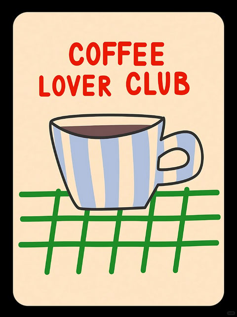 The image exhibits a flat, illustrative art style with bold, clean black outlines defining all shapes, characteristic of a graphic poster or sticker design. The color language is defined by a limited, high-contrast palette: a warm cream background, vibrant red text, a coffee cup with alternating light blue and cream vertical stripes, dark brown coffee liquid, and a bright green grid pattern below. The rendering is completely flat with no gradients, shading, or texture, creating a matte, digital vector-like appearance. Lighting is implied through the color choices rather than rendered, with no directional source or shadows, contributing to a cheerful and straightforward mood. The composition is centered and symmetrical, featuring the text 'COFFEE LOVER CLUB' at the top, a large coffee cup in the middle, and a green grid suggesting a tablecloth or surface at the bottom, all arranged with ample negative space. The shape language is a mix of geometric (the grid, the text) and organic (the cup's curved handle and rim), with consistent medium-weight lines and rounded, friendly edges. The overall atmosphere is playful, casual, and nostalgic, evoking the feeling of a retro diner or a simple, hand-drawn emblem.