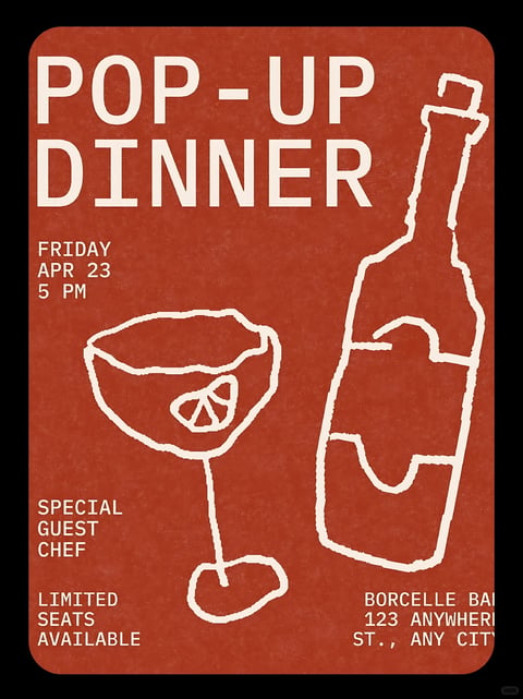 This image is a flat, illustrative poster with a vintage, hand-drawn aesthetic. The dominant color palette is a muted, earthy terracotta background with off-white, slightly textured line art and text, creating a warm, high-contrast, and monochromatic scheme. The lighting is flat and non-directional, typical of graphic design, with no shadows or highlights to suggest volume, conveying a straightforward, informational mood. The texture is characterized by a subtle, paper-like grain across the entire surface and slightly rough, uneven edges on the line work, giving it a tactile, screen-printed or stamped material feel. The composition is asymmetrical and balanced, with large, bold text at the top, illustrative elements (a cocktail glass and bottle) occupying the central space, and smaller informational text blocks anchored at the bottom corners, creating a clear visual hierarchy with minimal depth. The shape language combines bold, geometric typography with organic, hand-drawn, imperfect outlines for the illustrations, featuring consistent, medium-weight lines with soft, slightly wobbly edges. The overall mood is rustic, casual, and inviting, with a low-energy, static visual weight that feels nostalgic and artisanal.