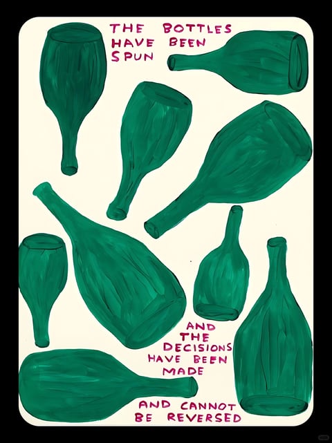 This image is a hand-painted illustrative artwork with a bold, graphic style, rendered using opaque, flat color application that mimics gouache or acrylic paint on a cream-colored paper background. The visual aesthetic is characterized by a limited, high-contrast color palette dominated by a rich, saturated emerald green for the bottle forms and a vibrant magenta for the handwritten text, creating a striking and intentional color language. The lighting is non-directional and flat, with no cast shadows or highlights, emphasizing the two-dimensional, illustrative quality and focusing on shape over volume. Texture is conveyed through visible, expressive brushstrokes within the green forms, giving a tactile, painterly feel to the otherwise flat shapes. The composition is a dynamic, all-over pattern of floating, distorted bottle silhouettes arranged in a seemingly random yet balanced scattering across the frame, with no clear spatial depth or grounding, creating a sense of suspended motion. Shape language is organic and fluid, with the bottle forms rendered as soft, elongated, and slightly warped silhouettes defined by clean, hard edges against the background, lacking internal linework. The overall mood is bold, graphic, and slightly surreal, with a high-energy, declarative tone set by the stark color contrast and the definitive, handwritten text integrated into the composition.