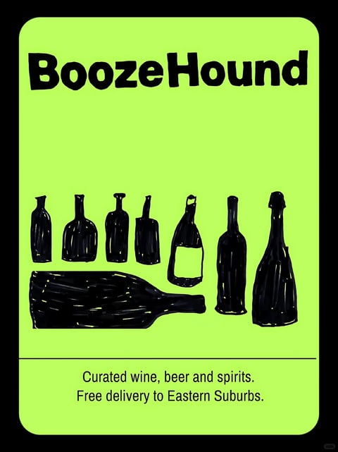 This image is a flat, illustrative poster with a hand-drawn, graphic art style. The visual aesthetic is defined by bold, black ink-like silhouettes of various bottle shapes rendered with a loose, sketchy technique, creating a tactile, hand-drawn feel. The color language is stark and high-contrast, featuring a single dominant, highly saturated neon lime green background that creates a vibrant, electric mood, with all other elements rendered in solid, deep black. The lighting approach is flat and non-representational, with no directional light sources or shadows, emphasizing the graphic, two-dimensional quality. Texture and material feel are suggested through the uneven, sketchy lines of the bottle illustrations, which imply a rough, hand-drawn surface rather than a smooth, photorealistic render. The composition is structured and centered, with the bold title text at the top, a horizontal row of upright bottle silhouettes in the middle, a single large bottle lying on its side below them, and a clean text block at the bottom, all framed within a rounded rectangle. The shape language is organic and irregular, with hand-drawn, imperfect outlines for the bottles and a bold, slightly uneven sans-serif font for the text, giving the entire piece a casual, artisanal character. The overall mood and atmosphere are energetic, modern, and slightly edgy, conveying a sense of curated, contemporary style with a playful, approachable vibe.