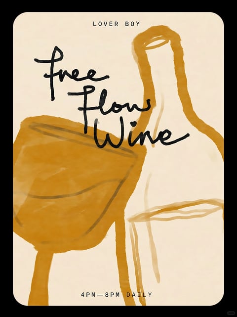 This image exhibits a painterly, illustrative style with a loose, expressive hand-painted aesthetic. The dominant color palette is warm and earthy, featuring a creamy off-white background contrasted with rich, saturated ochre and mustard yellow tones for the wine bottle and glass, and deep black for the handwritten text. The lighting is flat and even, with no directional shadows, creating a graphic, poster-like quality. Texture is conveyed through visible brushstrokes and a slightly rough, paper-like surface quality, giving it a tactile, handcrafted feel. The composition is asymmetrical and dynamic, with the large, abstracted shapes of the wine glass and bottle overlapping and extending beyond the frame, creating a sense of immediacy and casual arrangement. Shape language is organic and fluid, defined by bold, uneven brush lines and soft, blended edges rather than precise geometric forms. The overall mood is relaxed, inviting, and casually sophisticated, evoking the atmosphere of a casual, daily wine promotion with an artistic, handcrafted touch.