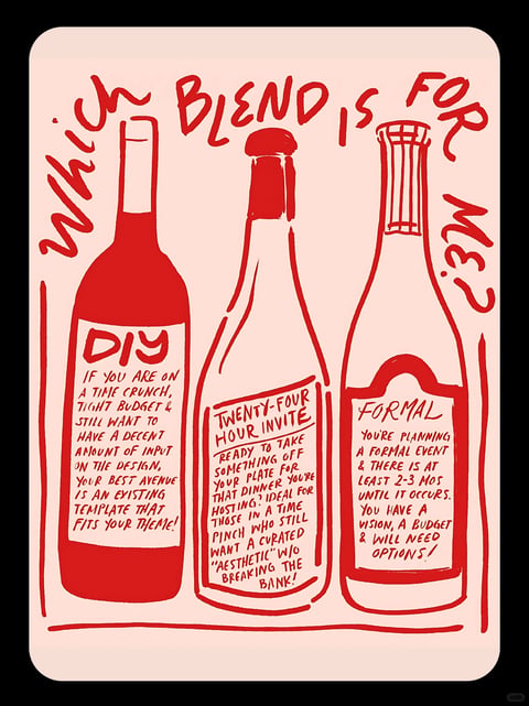This image features a hand-drawn, illustrative style with a flat, graphic aesthetic reminiscent of a risograph print or a playful digital sketch. The color language is strictly duotone, utilizing a high-contrast palette of a single, vibrant, warm red ink against a soft, muted, pale peach or blush pink background, with no gradients or shading. The lighting is entirely flat and non-directional, relying on solid color blocks and linework to define form rather than simulated light sources, creating a bold, poster-like quality. Texture is minimal, with the only tactile impression coming from the slightly irregular, hand-drawn quality of the lines and fills, which have a subtle, imperfect edge. The composition is a straightforward, centered arrangement of three wine bottles aligned horizontally, framed by hand-lettered text at the top and a simple border line at the bottom, creating a balanced, diagrammatic layout. Shape language is organic and sketchy, defined by loose, confident, variable-weight lines that form the bottles and lettering, with soft, rounded edges and a handcrafted feel. The overall mood is casual, informative, and slightly whimsical, conveying a friendly, approachable, and creative tone through its DIY, hand-made visual style.