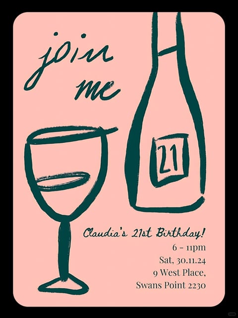 The image is a flat, illustrative invitation design with a painterly, hand-drawn aesthetic. It features a soft, muted color palette dominated by a warm, dusty pink background and deep teal-green line art, creating a low-contrast, harmonious feel with a gentle, inviting color temperature. The lighting is implied through the flat rendering, with no directional shadows, conveying a bright, even, and cheerful mood. The texture is smooth with a subtle paper-like grain, while the line art has a tactile, brush-stroke quality with slightly rough, organic edges. The composition is asymmetrical and balanced, with the 'join me' text and wine glass on the left countering the larger wine bottle on the right, using a shallow depth of field that keeps all elements on a single plane. The shape language is organic and fluid, characterized by loose, gestural lines of varying weight that form simplified, iconic representations of a wine glass and bottle. The overall mood is casual, celebratory, and warmly personal, with a light, playful energy conveyed through the hand-drawn style and soft color scheme.