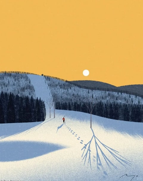 This image exhibits a stylized, illustrative aesthetic with a flat, graphic quality reminiscent of mid-century modern design or textured gouache painting. The color language is defined by a stark, high-contrast palette: a vast, unmodulated expanse of warm, saturated amber-yellow dominates the upper two-thirds of the composition, representing a twilight sky, while the lower third is rendered in cool, crisp whites and deep, desaturated blue-greys for the snow and forest. The lighting is directional and dramatic, emanating from a low, bright white sun/moon disk, casting long, sharp, and elongated blue shadows across the textured snow surface, emphasizing the undulating topography. Texture is rendered through a consistent, fine grain or stipple effect across all surfaces, giving the snow a tactile, slightly rough appearance and the sky a subtle, paper-like quality. Compositionally, the scene is structured with strong diagonal lines created by the ski slope, the tree shadows, and the skier's tracks, leading the eye from the foreground figure up towards the distant mountain ridge and the celestial body, creating a sense of expansive depth through layered, simplified mountain forms. Shape language is a blend of organic, soft curves for the snowdrifts and hills, contrasted with the sharp, geometric lines of the shadows and the simplified, almost silhouetted forms of the trees and skier. The overall mood is one of serene, solitary stillness and crisp, cold air, evoking a quiet, contemplative winter evening.