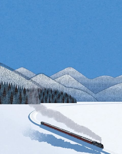 The image presents a stylized, illustrative aesthetic with a distinct graphic quality, reminiscent of a textured print or a detailed digital painting with a handcrafted feel. The color language is dominated by a cool, limited palette: a vast, flat expanse of bright white snow contrasts sharply with a deep, saturated cerulean blue sky, while the mountains are rendered in layered gradients of slate blue and grey. The color temperature is decidedly cold, emphasizing the winter setting. Lighting appears directional from the upper left, casting long, soft-edged blue shadows from the train and creating a subtle gradient of light across the mountain slopes, suggesting a clear, bright day with a low sun. The texture and material feel are characterized by a consistent, fine grain or stippled effect across all surfaces, giving the image a tactile, paper-like quality; the snow appears smooth yet textured, the trees are dense and dark with a rough, dotted texture, and the mountains have a layered, almost topographic texture. Compositionally, the image uses a strong diagonal sweep, with the train and its smoke trail leading the eye from the lower right into the mid-ground, balanced by the horizontal layers of forest, mountains, and sky, creating a sense of deep, receding space. Shape language combines organic, flowing curves in the smoke and mountain silhouettes with the rigid, geometric lines of the train and tracks, all defined by clean, crisp edges. The overall mood and atmosphere are serene, crisp, and expansive, evoking a quiet, solitary journey through a vast, untouched winter landscape with a calm, contemplative energy.