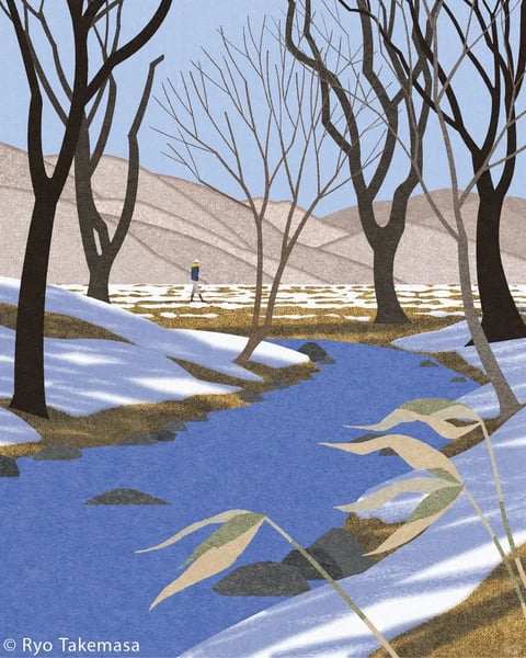 This image exhibits a distinct illustrative style characterized by flat, textured rendering reminiscent of paper collage or printmaking, with a focus on stylized natural forms. The visual aesthetic is defined by clean, graphic shapes and a limited, muted color palette dominated by cool blues, crisp whites, and earthy browns, punctuated by subtle warm accents like the yellow hat. The lighting is soft and diffused, casting gentle shadows that suggest an overcast winter day, enhancing the serene and contemplative mood. Textures are simplified yet evocative, with a grainy, speckled quality applied to surfaces like snow, water, and hills, creating a tactile, almost handmade feel. Compositionally, the scene uses layered depth, with foreground reeds and a winding stream leading the eye toward a solitary figure in the middle ground, framed by stark, silhouetted trees against rolling hills. Shape language is organic but stylized, featuring smooth curves for the stream and hills contrasted with the sharp, angular branches of the bare trees. The overall atmosphere is quiet, crisp, and peaceful, evoking the stillness of a late winter landscape.