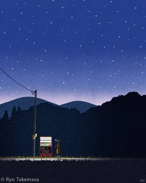 This illustration employs a flat, graphic art style with a textured, grainy finish reminiscent of risograph or screen printing, creating a tactile, handcrafted feel. The color language is dominated by a deep, cool palette of indigo and navy blues in the sky and mountains, contrasted by the warm, saturated red of the vending machine and the mustard yellow of the figure's coat, with a soft lavender gradient along the horizon. Lighting is minimal and ambient, with the vending machine providing a localized, warm glow that softly illuminates the figure and the immediate ground, while the starry sky offers a diffuse, cool light source. Textures are rendered through fine grain and stippling, giving surfaces a matte, slightly rough quality without photorealistic detail. The composition is horizontally layered, with a low horizon line emphasizing the vast, star-filled sky; the figure, vending machine, and utility pole are arranged in a sparse, asymmetrical grouping on the left, creating negative space that enhances the sense of solitude. Shape language is simplified and geometric, with clean, defined edges on the man-made objects contrasting with the softer, organic silhouettes of the distant mountains and trees. The overall mood is one of quiet, nocturnal solitude and peaceful introspection, with a serene, slightly melancholic atmosphere conveyed through the vast scale of the landscape against the small human presence.