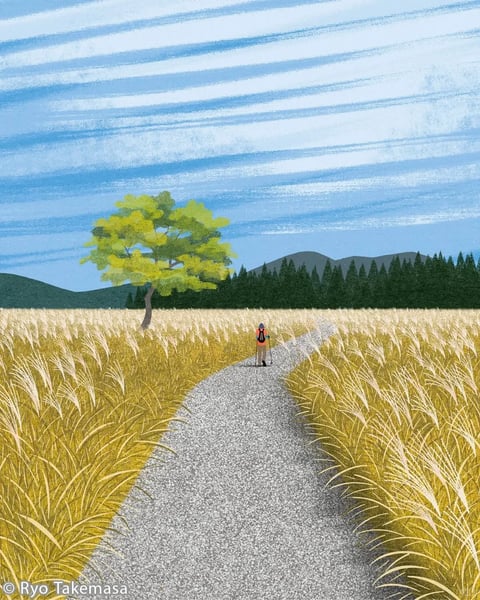This illustration employs a distinct, textured digital art style with a painterly, hand-rendered feel, characterized by visible brushstroke-like marks and a slightly grainy, stippled surface quality. The color language is dominated by a warm, autumnal palette of golden yellows, ochres, and muted greens in the foreground grasses, contrasted against cool, desaturated blues and greys in the sky and distant hills. Saturation is moderate, with the brightest accents on the hiker's orange backpack and the vibrant yellow-green of the solitary tree. Lighting is soft and diffused, suggesting an overcast day or gentle afternoon light, with no harsh shadows, creating a calm, even illumination across the scene. Texture is a key element, with the tall grass rendered using dense, directional strokes that convey a dry, rustling feel, while the gravel path has a granular, speckled appearance. The composition uses a strong central perspective, with the path leading the eye directly to the lone hiker, framed by the expansive field and a single, prominent tree on the left, creating a sense of depth and solitary journey. Shape language is primarily organic, with flowing lines in the grass and tree foliage, contrasted by the more defined, geometric silhouette of the distant forest. The overall mood is serene, contemplative, and slightly nostalgic, evoking a peaceful, solitary walk through nature.
