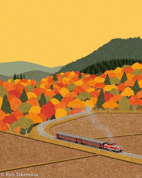 The image is a stylized, illustrative artwork with a flat, graphic aesthetic reminiscent of mid-century modern design or textured paper collage. It features a vibrant autumnal color language dominated by warm, saturated hues of burnt orange, golden yellow, and deep crimson, contrasted against muted olive greens and a soft, pale yellow sky. The lighting is uniform and directionless, creating a flat, shadowless quality that emphasizes shape and color over volumetric depth. Textures are rendered with a fine, stippled or grainy quality, giving the foliage and fields a tactile, almost felt-like material feel. The composition is structured with a winding railway track leading the eye through layered, rolling hills, employing a clear foreground, midground, and background to establish depth in a simplified, graphic manner. Shape language is a blend of soft, organic curves for the tree canopies and hills, juxtaposed with the clean, geometric lines of the train and tracks, all defined by crisp edges without outlines. The overall mood is serene, nostalgic, and gently energetic, evoking a peaceful, idealized countryside journey through a crisp autumn day.