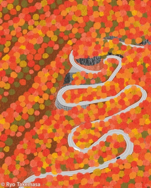 This is a stylized, illustrative artwork rendered in a painterly, textured technique that mimics the look of gouache or digital pastel with visible, soft-edged brushstrokes. The visual aesthetic is flat yet layered, creating depth through overlapping forms rather than perspective. The color language is dominated by a warm, autumnal palette of saturated reds, burnt oranges, golden yellows, and muted olive greens, with high saturation and a warm color temperature that creates a vibrant, cohesive feel. The lighting is diffuse and ambient, with no strong directional shadows, contributing to a soft, even illumination that enhances the painterly quality. Texture is a key element, with the foliage rendered as dense, stippled clusters of color that give a tactile, almost carpet-like impression, while the road surfaces are smooth and flat with clean, crisp edges. Compositionally, the image uses an aerial, top-down perspective that flattens the scene, arranging the winding road as a central, sinuous graphic element that snakes through the dense, pattern-like field of trees, creating a strong sense of movement and rhythm. Shape language contrasts the organic, rounded forms of the tree canopies with the precise, geometric curves of the road, emphasized by thin, clean white line work for the road markings. The overall mood is serene and nostalgic, evoking the tranquil beauty of an autumn landscape with a gentle, contemplative energy and a visually balanced, harmonious atmosphere.