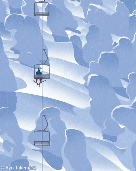 This image is a stylized, illustrative artwork with a flat, graphic aesthetic and a subtle grainy texture, reminiscent of a printmaking or risograph technique. The color language is dominated by a cool, monochromatic palette of muted blues and soft whites, with a single pop of color from the skier's red pants and teal jacket, creating a focal point through selective saturation. The lighting is soft and diffused, with no harsh shadows, suggesting an overcast winter day and contributing to a serene, quiet mood. Textures are simplified and abstracted; the snow-covered trees and ground are rendered as smooth, flowing shapes with soft gradients, while the chairlift and skier are defined by clean, precise lines. Compositionally, the image uses a strong vertical axis created by the chairlift cable, which draws the eye through the scene, and employs overlapping, organic shapes to create a sense of depth and a dense, enveloping forest environment. The shape language is a blend of organic, curvilinear forms for the natural elements and geometric, linear forms for the man-made chairlift, with consistent, medium-weight outlines. The overall mood is tranquil and contemplative, evoking the peaceful isolation of a winter landscape.